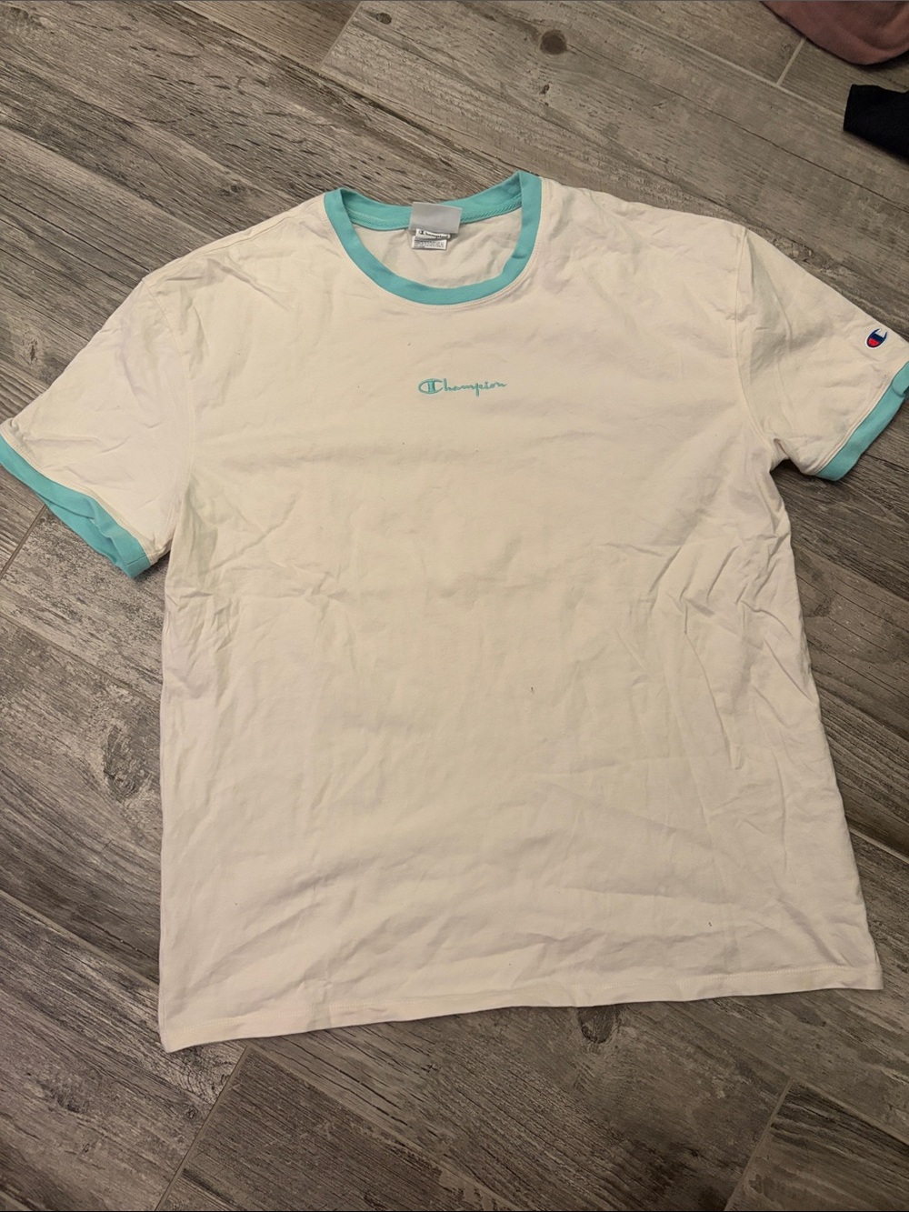 Champion White T-Shirt with Aqua Trim - Men's Short Sleeve Tee